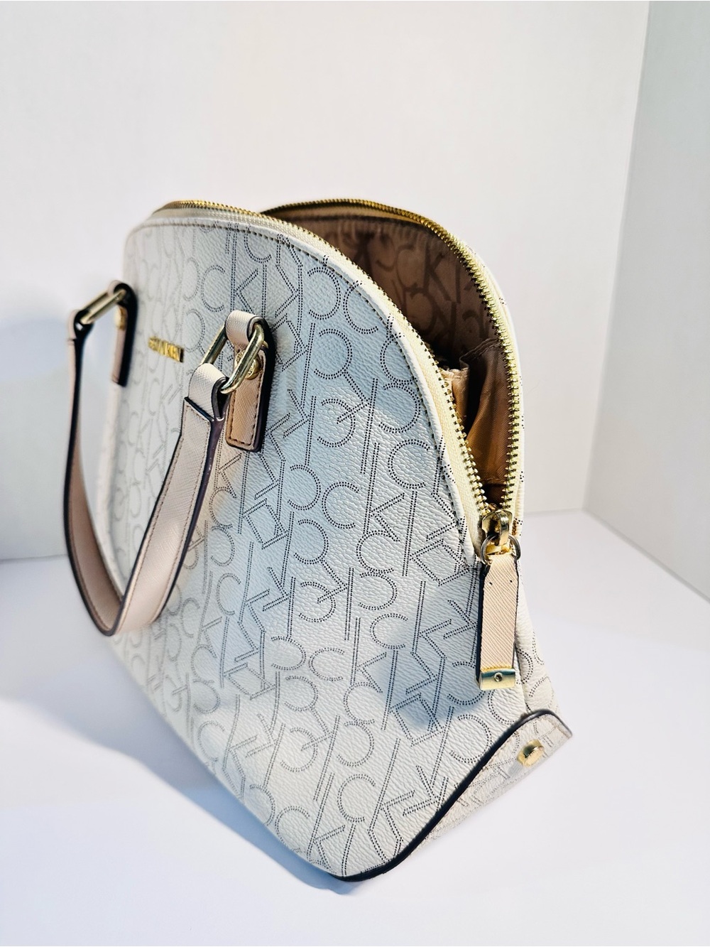 Calvin Klein Ivory Logo Dome Satchel with Gold Hardware
